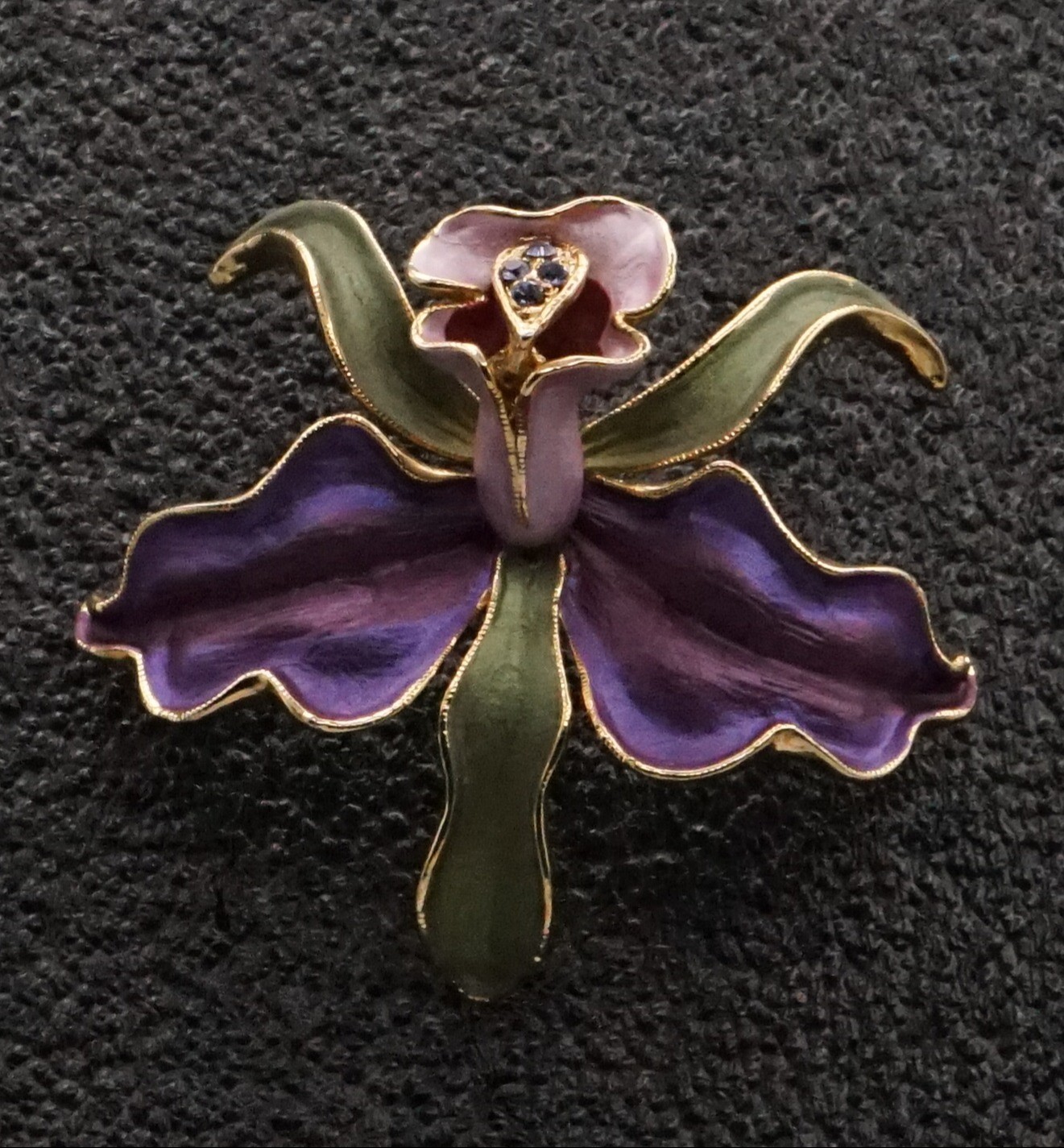 Vintage Gold Tone Enamel Leaf Purple Orchid Floral Brooch