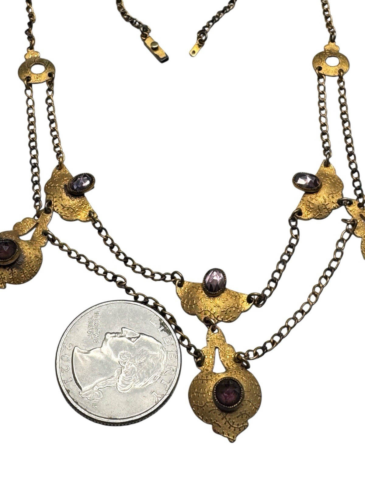 Antique Edwardian Gold Filled Festoon Necklace Rose Cut Purple Paste Stones