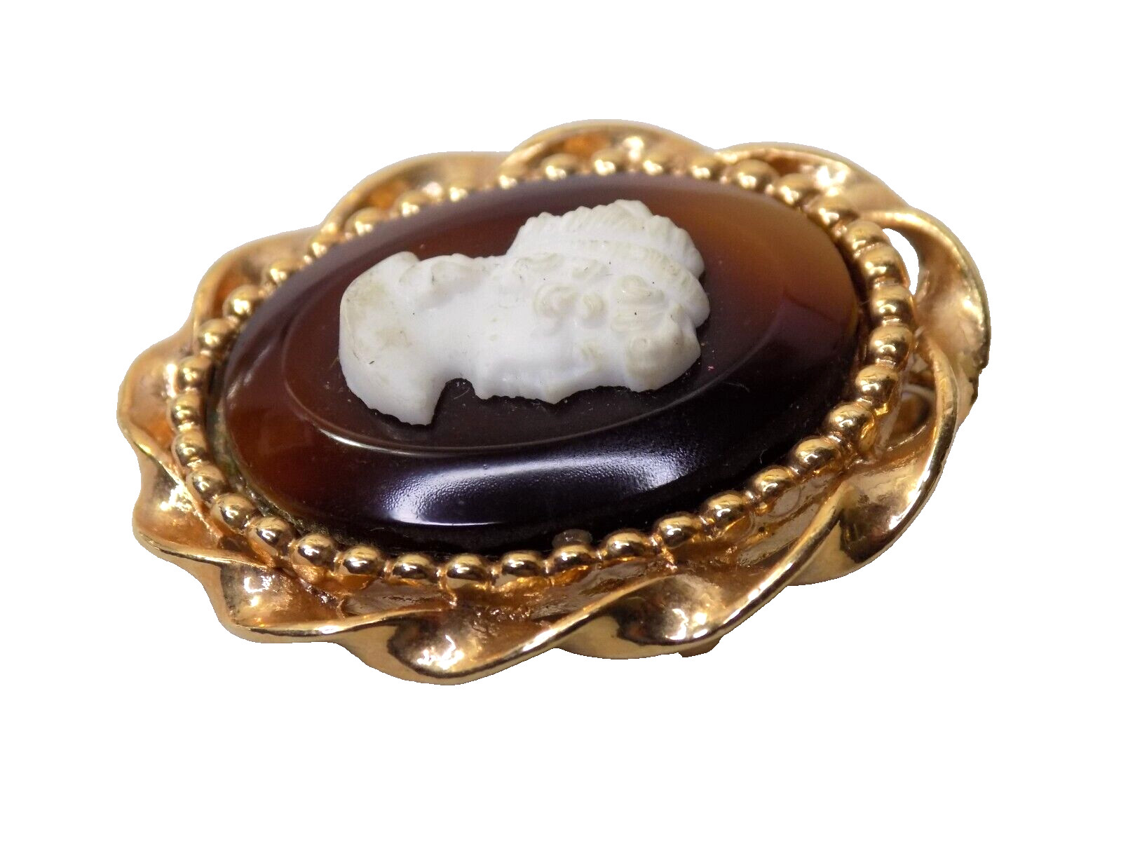 Vintage Emmons Cameo Brooch Gold-tone Brown White Victorian Lady 1-3/8″ Long