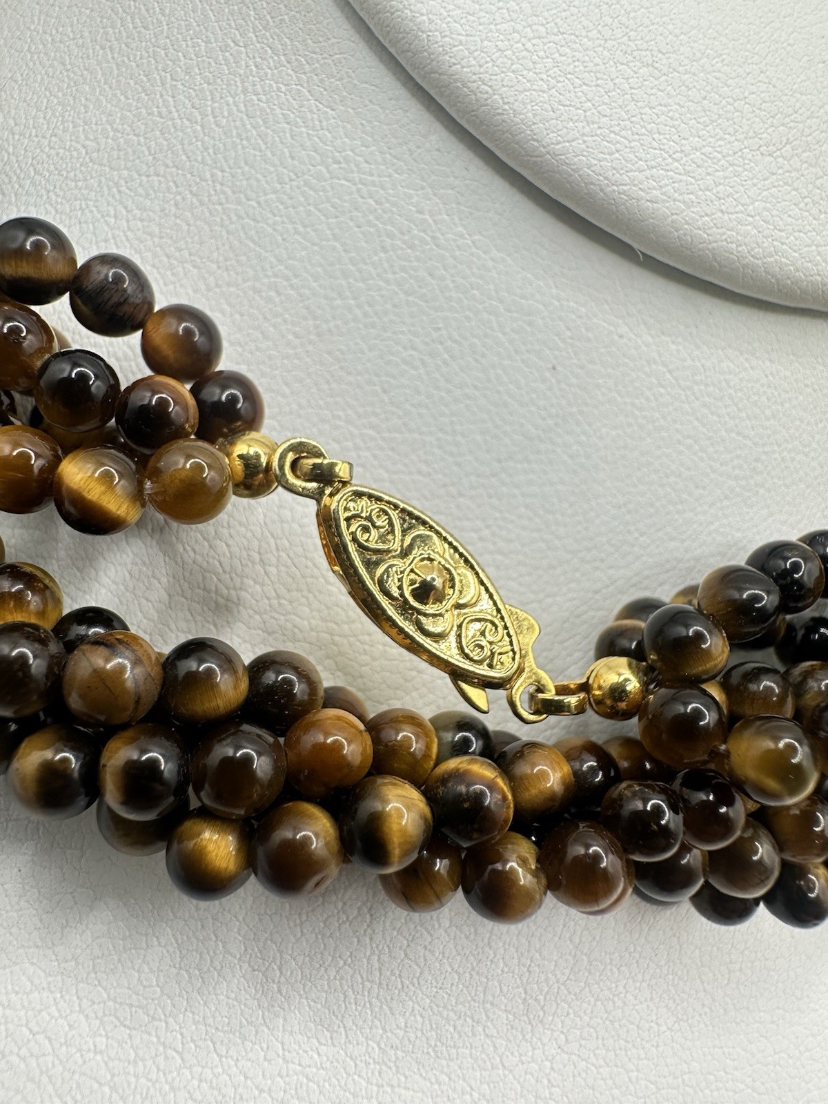 VTG 29In 4 Strand Tigers Eye Bead Necklace Caviar Gold Tone Fish Hook Clasp Read