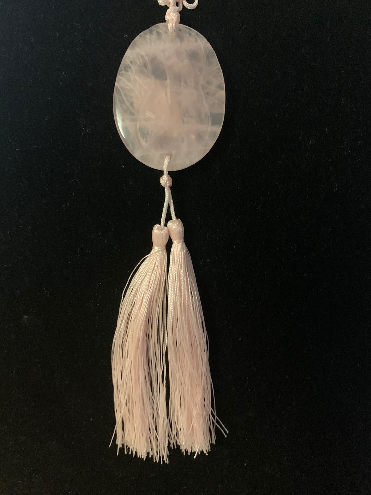 21″ VINTAGE CHINESE EXPORT CARVED PINK ROSE QUARTZ TASSEL PENDANT NECKLACE