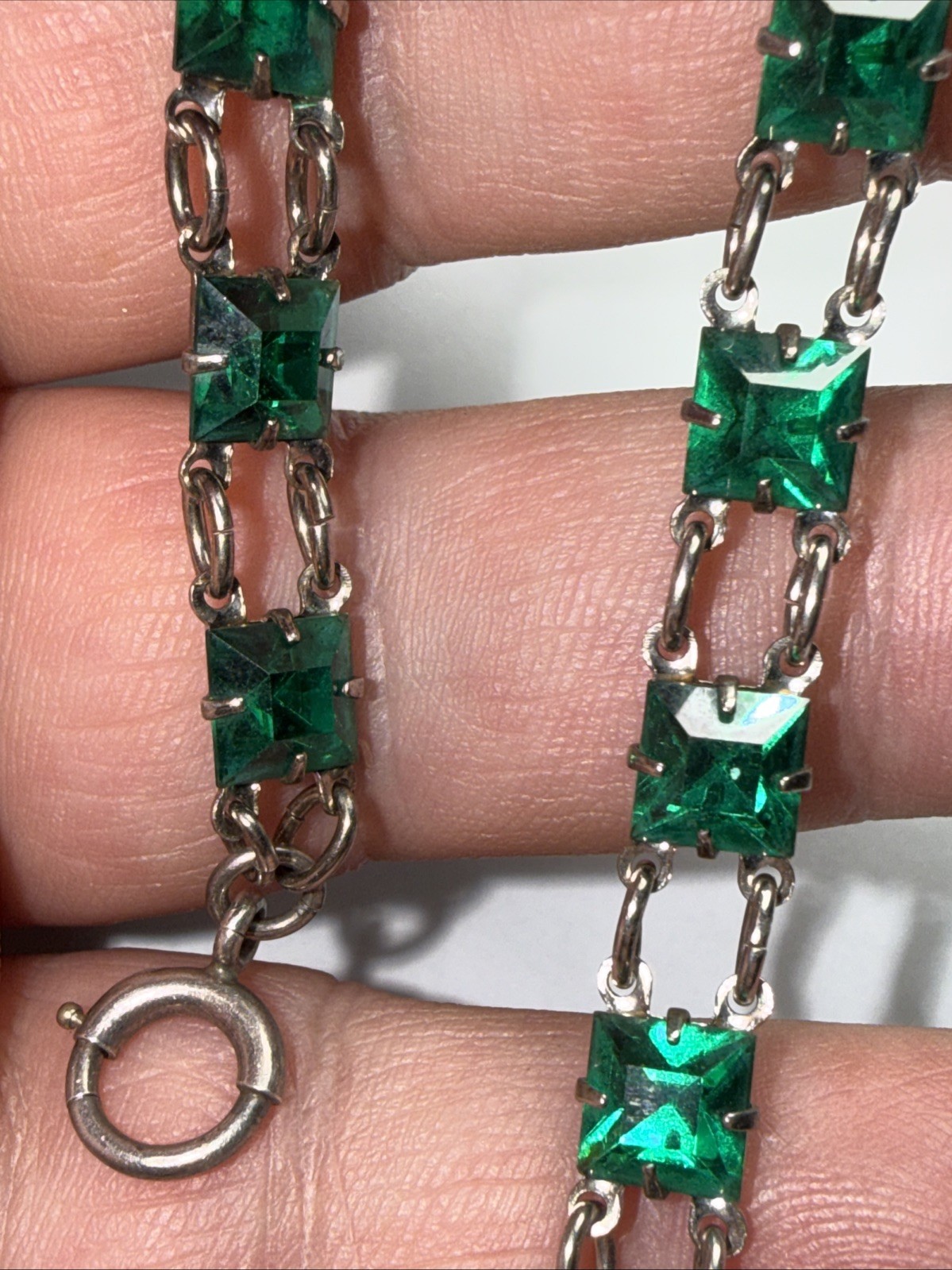 Bracelet Art Deco Paste Gwen Emerald Glass Sterling Silver Square Stone Antique
