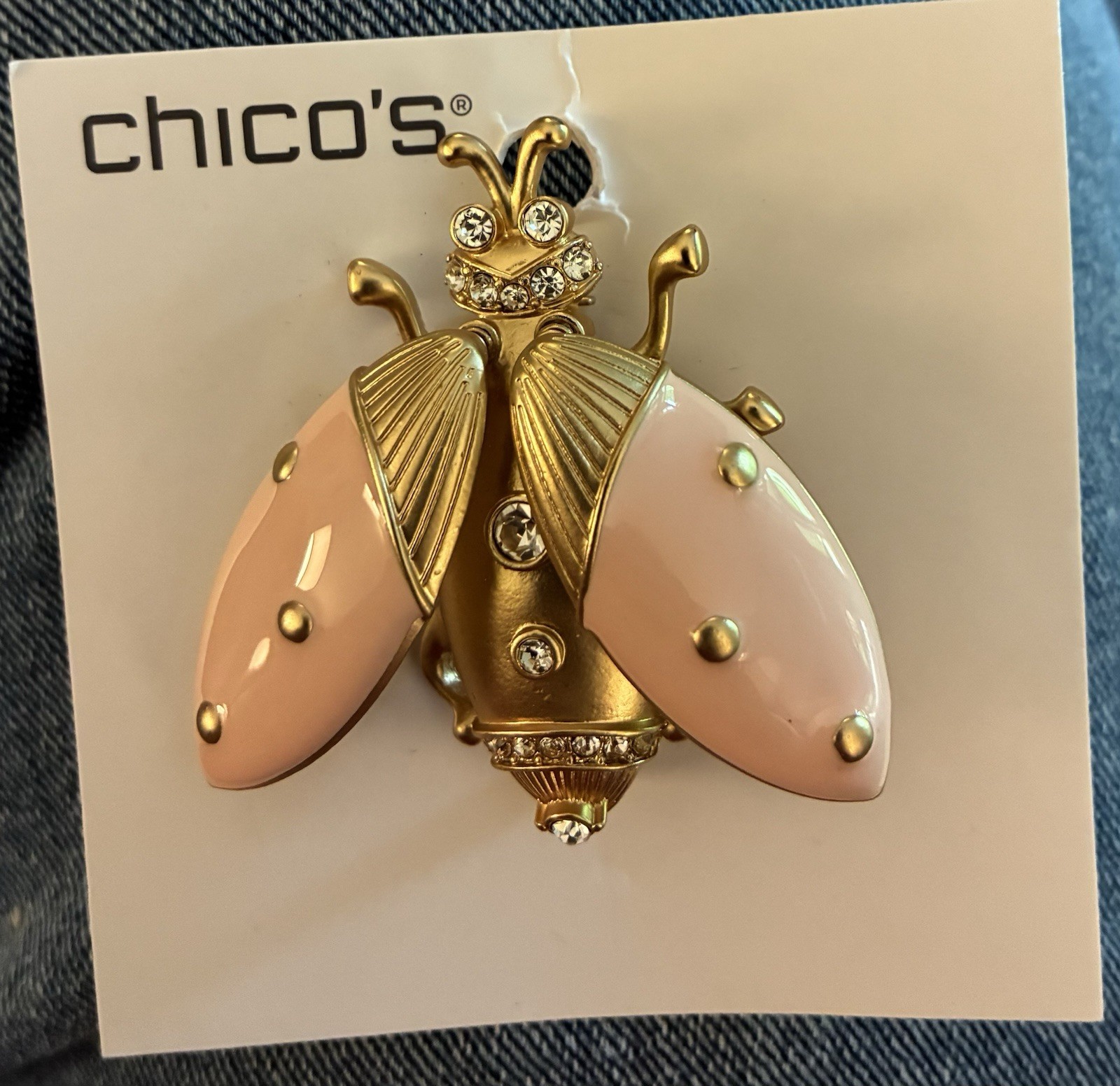 Chico’s Pink Gold Bug Brooch Pin Rhinestones NWT New