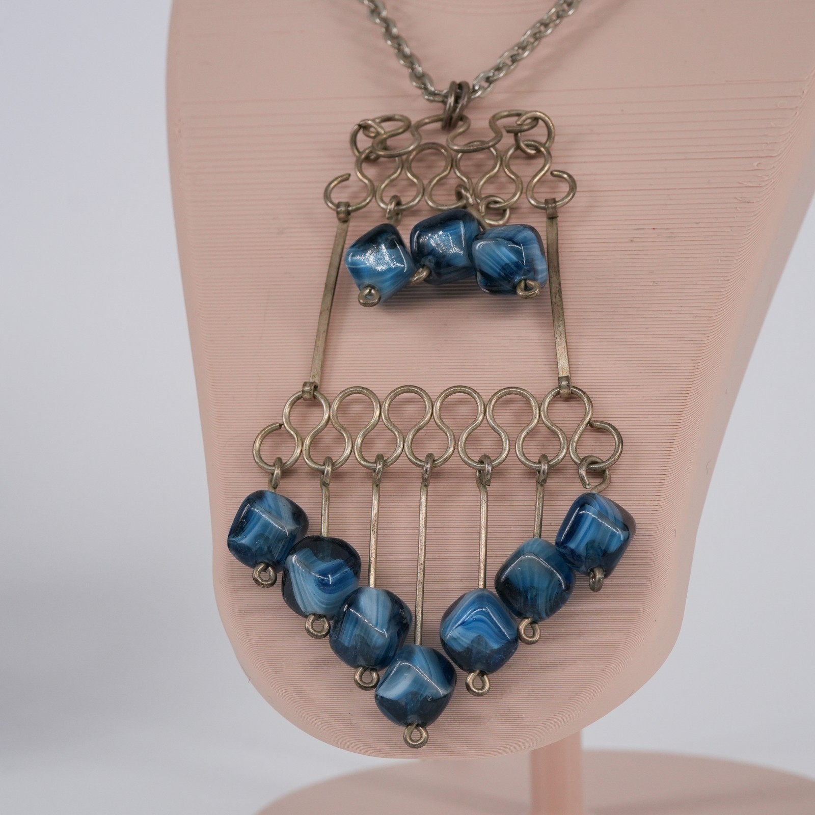 Wire Pendant Statement Necklace Blue Porphyry Glass beaded Drop 1970s VTG | 26″