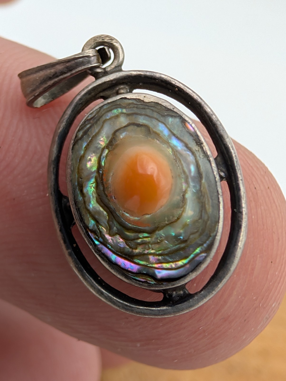 Vintage 925 Sterling Silver Orange Coral and Abalone Pendant 1″