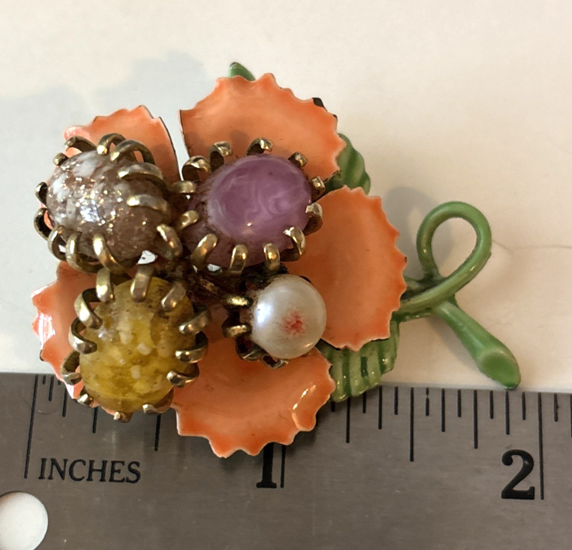Vintage Enamel Orange Flower Power Brooch With Prong Set Tumbled Stones READ