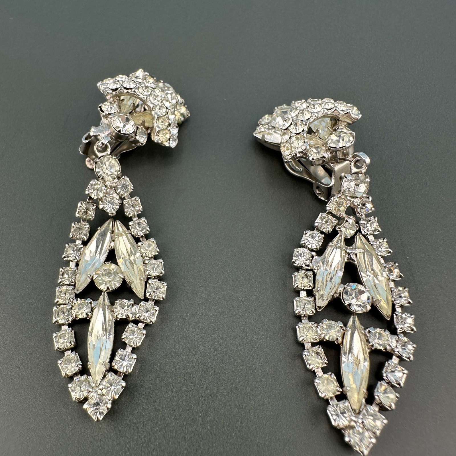 Vintage Rhinestone Earrings Chandelier Drop Clip On Statement Bridal Art Deco