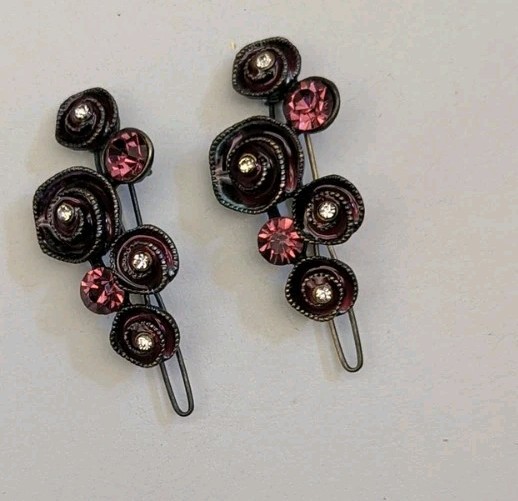 Vtg Style Floral Bobby Pins Hair Slides Black Gunmetal Purple Rhinestone Rose