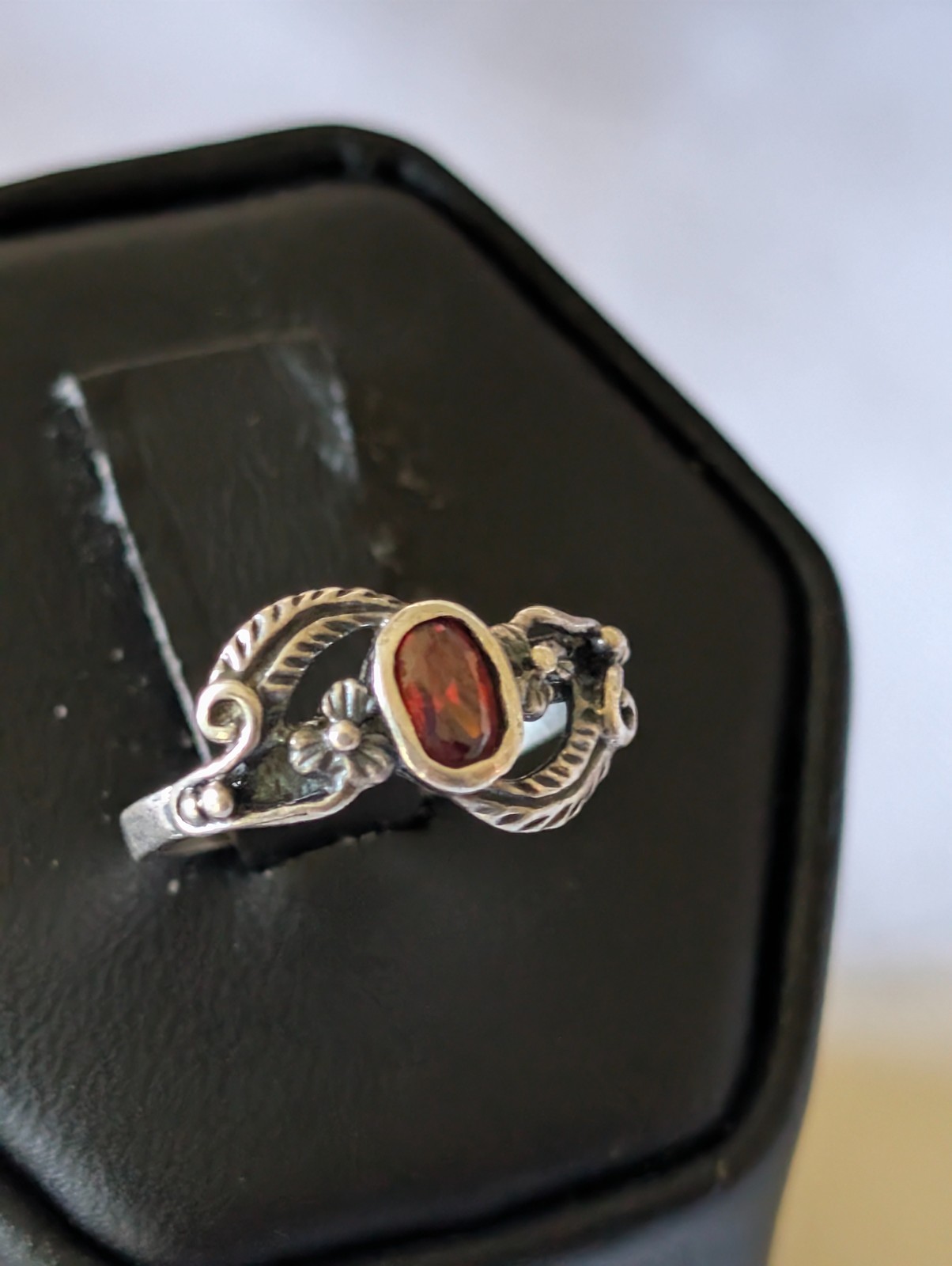 Vintage Sterling Silver Filigree Floral Garnet Pinky Ring Toe Ring Size 3.75
