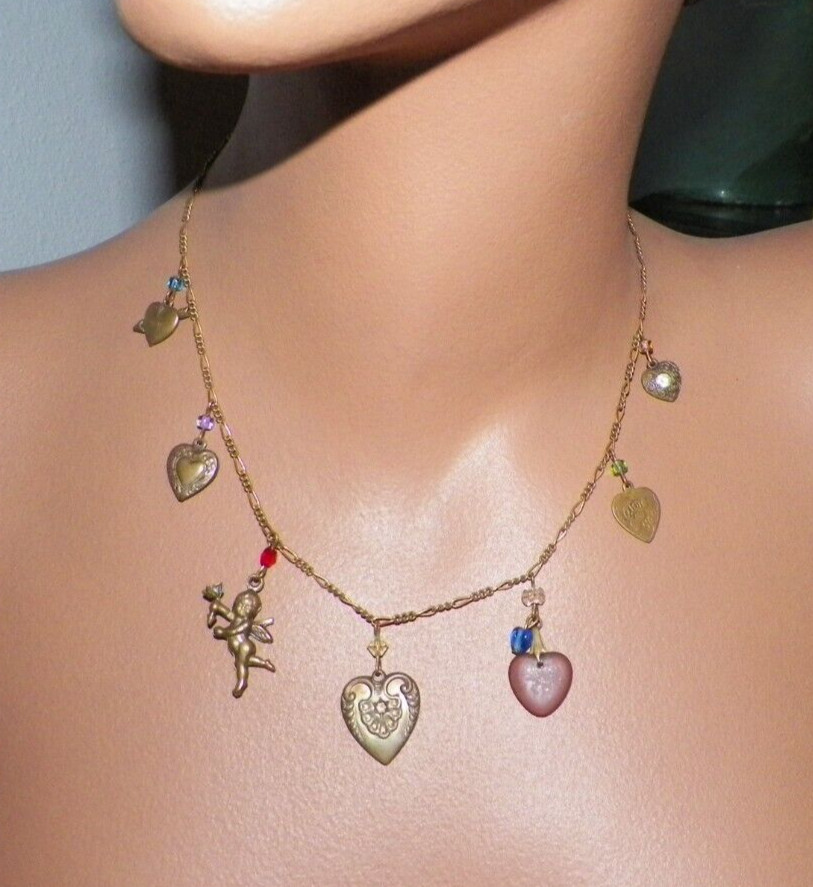 VINTAGE GLASS WORKS STUDIO HEARTS & CHERUB CHARMS NECKLACE 16″