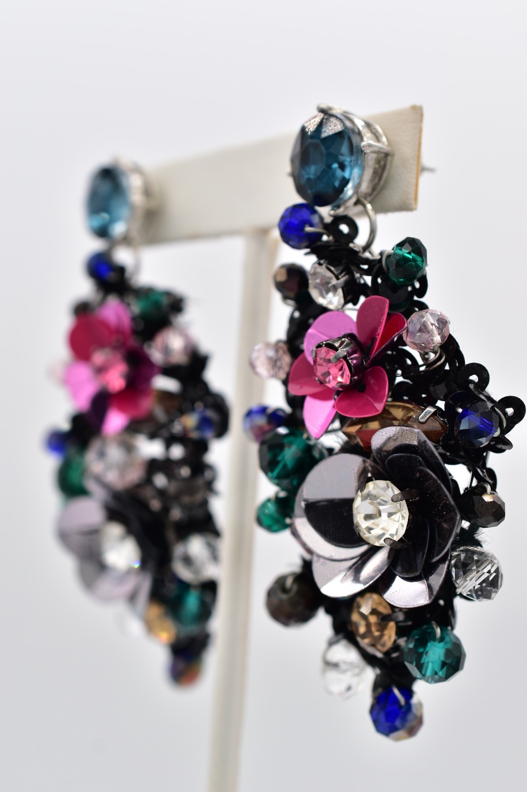Vintage Sequin Flower Drop Dangle Earrings Rhinestone Chunky Statement Y2K BinAY