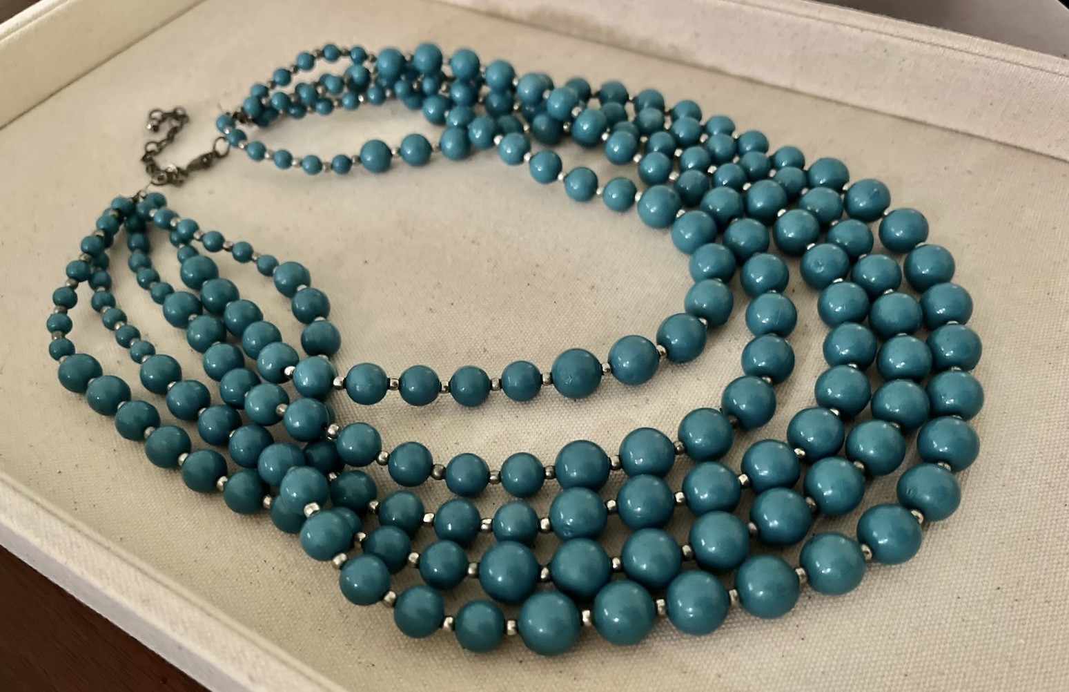 Vintage Turquoise Teal Blue Multi 5 Layered Beaded Silver Graduated Bib Necklace
