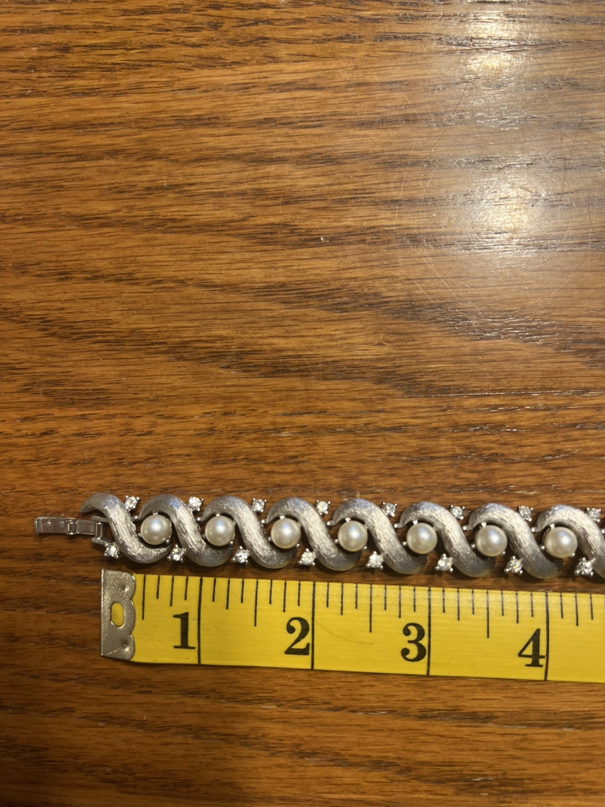 Vintage Trifari Link Bracelet Faux Pearl Rhinestone Silver Tone