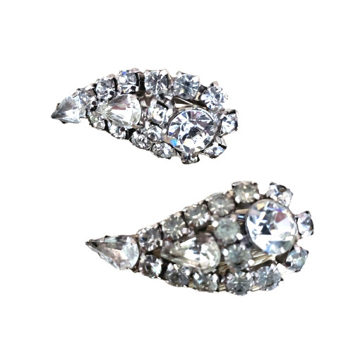 La Roco LaRoco Clear Rhinestone Clip Icy Earrings Paisley Teardrop Signed VTG