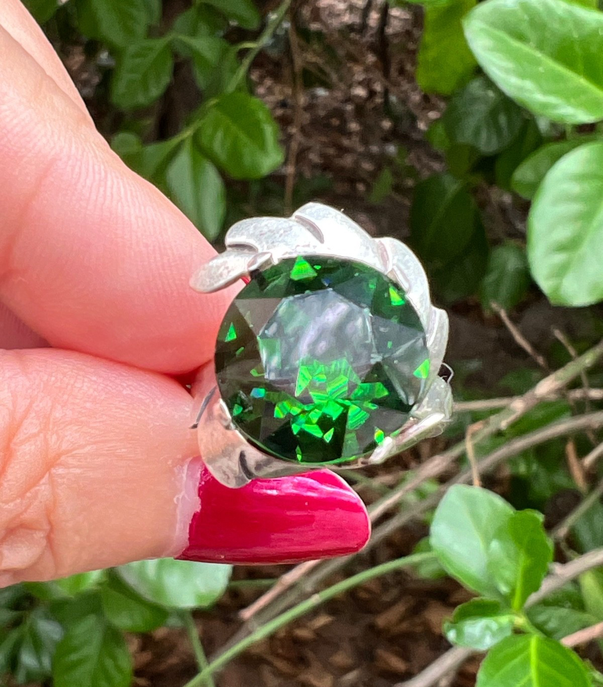 VINTAGE LARGE ROUND GREEN PASTE GLASS RHINESTONE RING 925 STERLING SLVER MEXICO