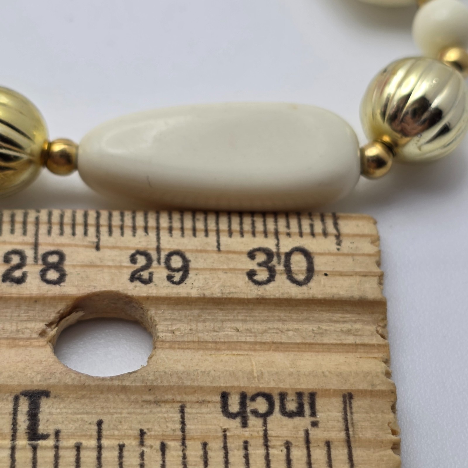 Vintage Lucite Necklace, Ivory Beads Gold Tone Accents, 36 In Mid Century
