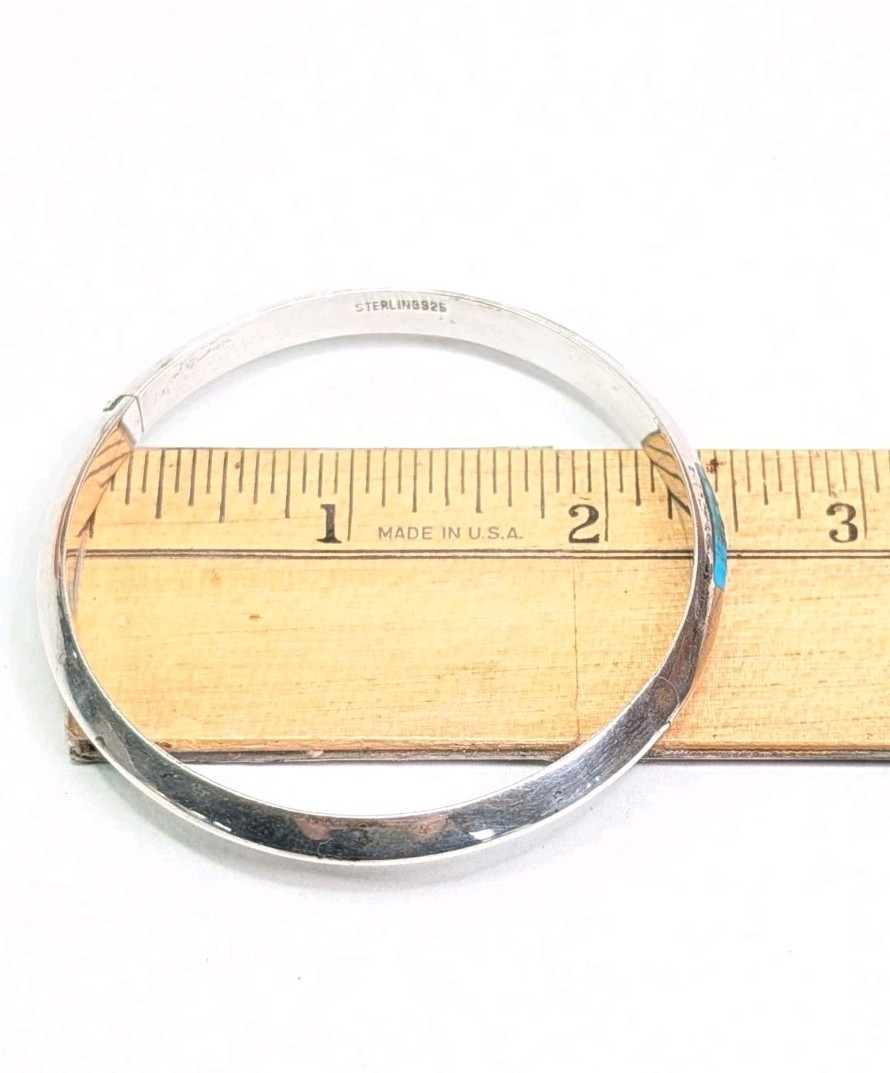 Vintage Turquoise Inlay Bangle Domed Sterling Silver Hinged Opening Size 7.25