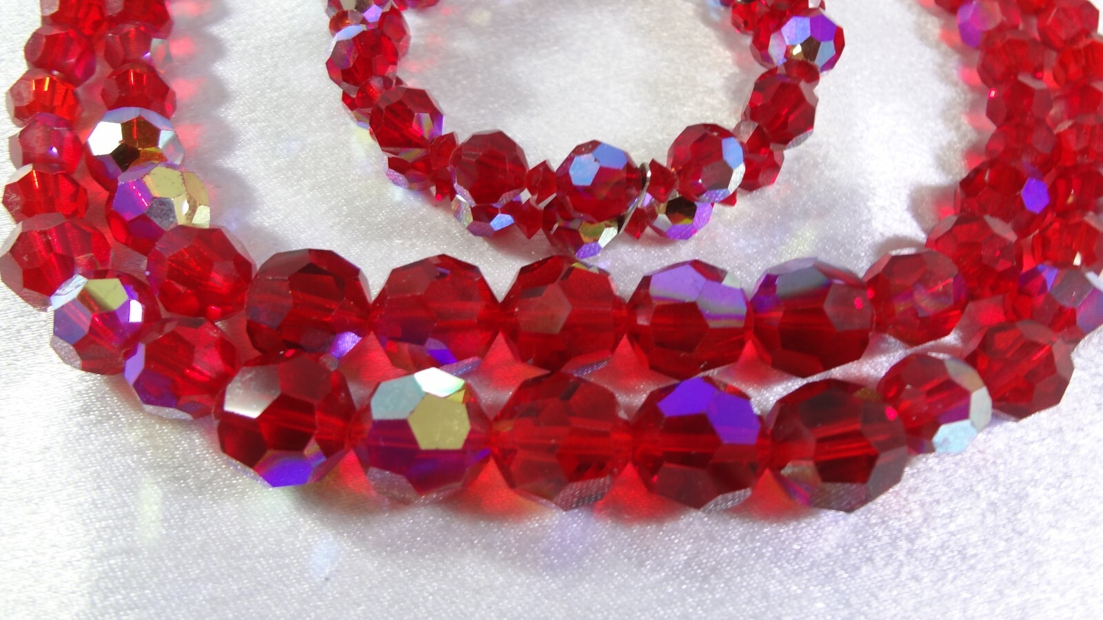 Vtg C: Late 1950’s AB Red Faceted Glass 2 Strand Necklace Bracelet Earrings Set!