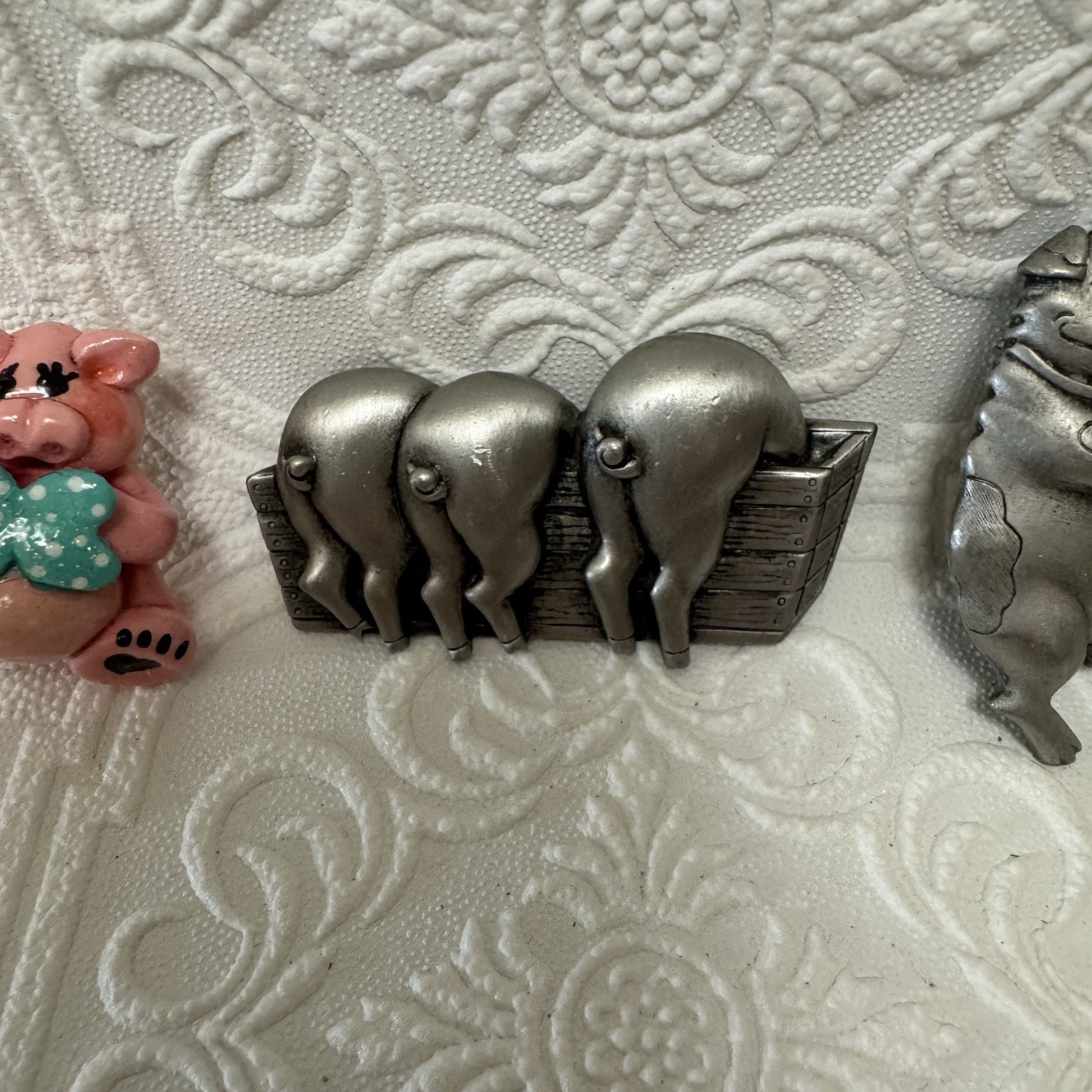 Vintage Pig Brooch Pins *Lot Of 5* Some Signed JJ Silver Tone Pewter Ceramic 3D