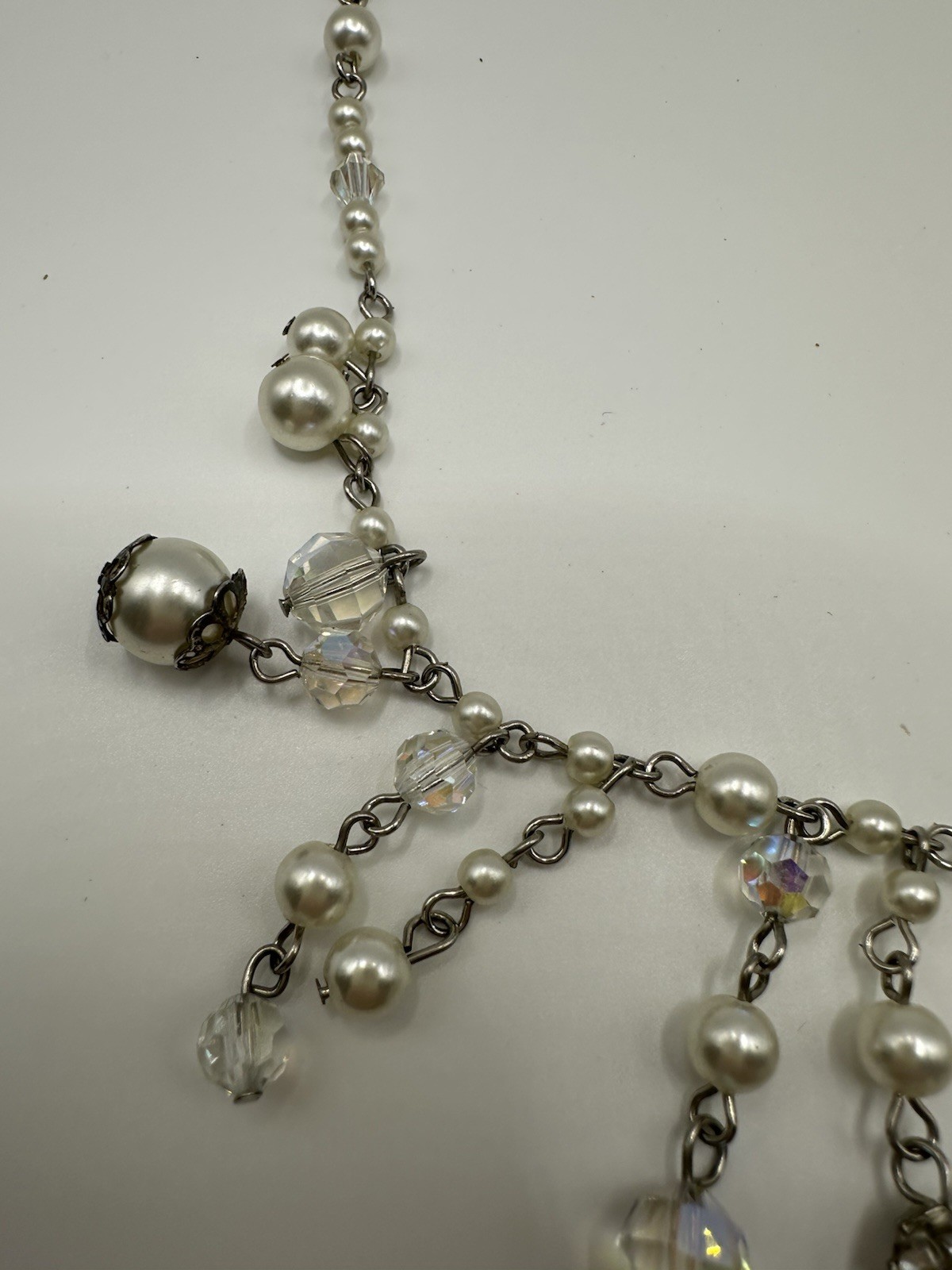Vintage Faux Pearl AB Acrylic Crystal Fringe Bridal Necklace 16”