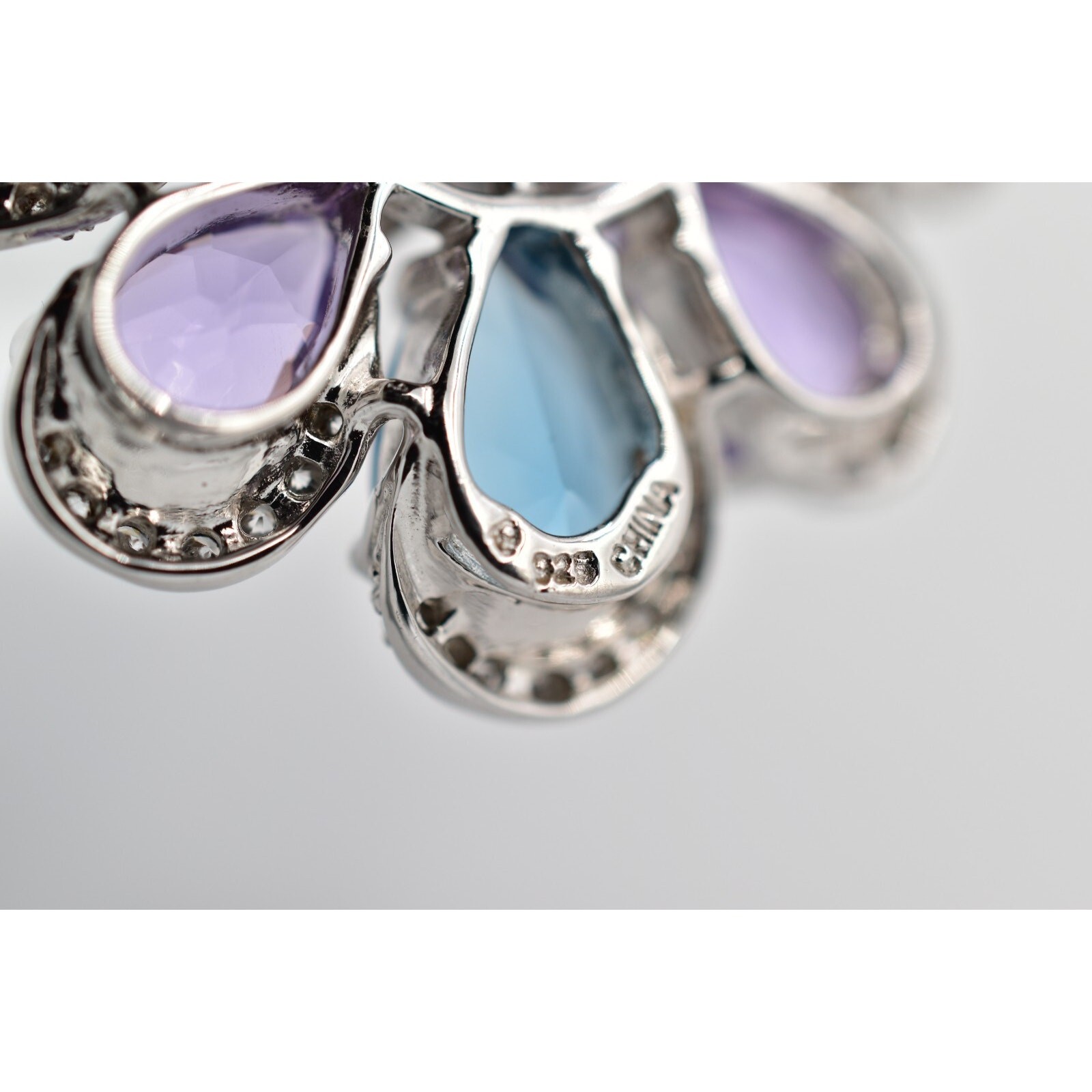 925 Sterling Silver Crystal Flower Pendant Pin Brooch Purple Blue Signed BinBI
