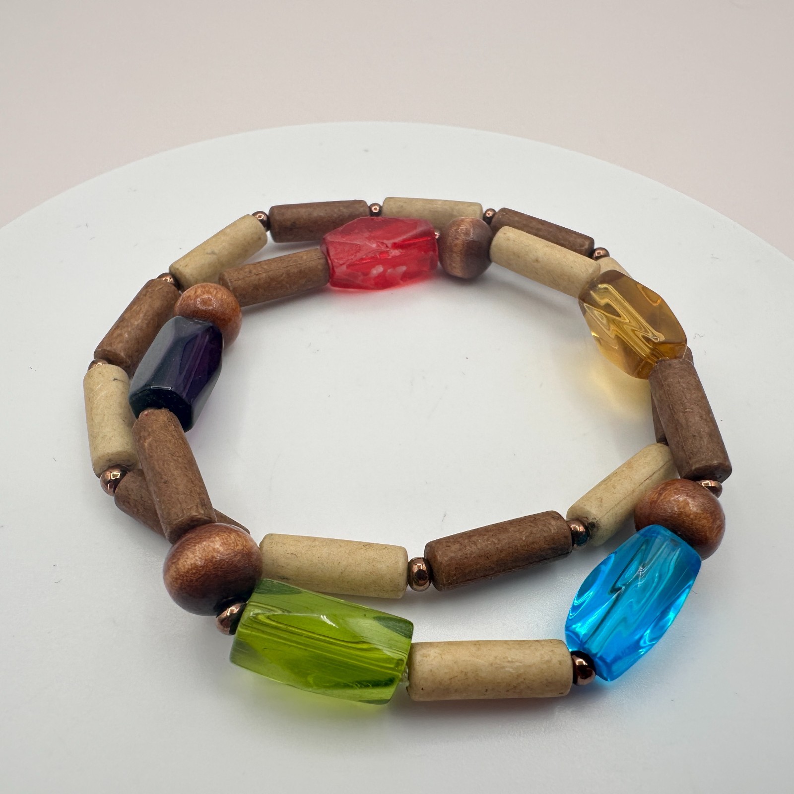 Vintage 90s Glass & Wood Bead Bracelets Set Boho Earthy Women’s Fashion Jewelry