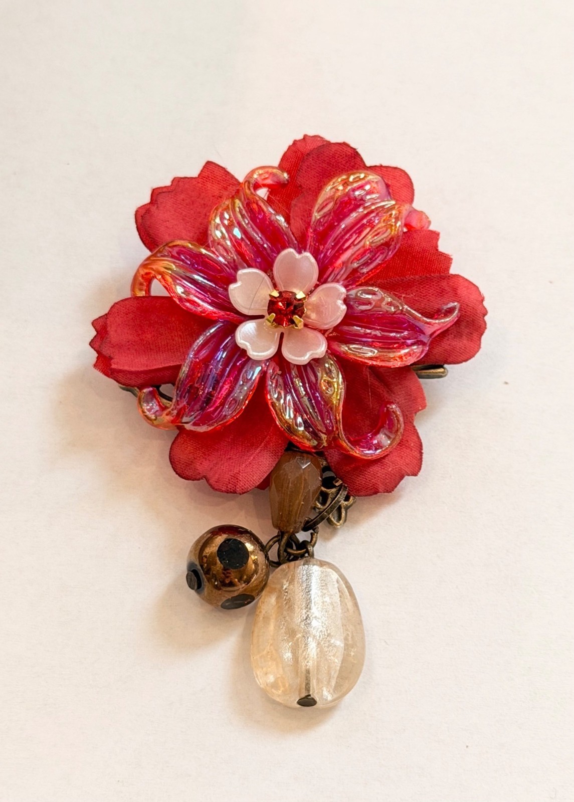 Red Floral Brooch With Crystal Beads & Metal Backing Vintage-Inspired Jewelry Ac