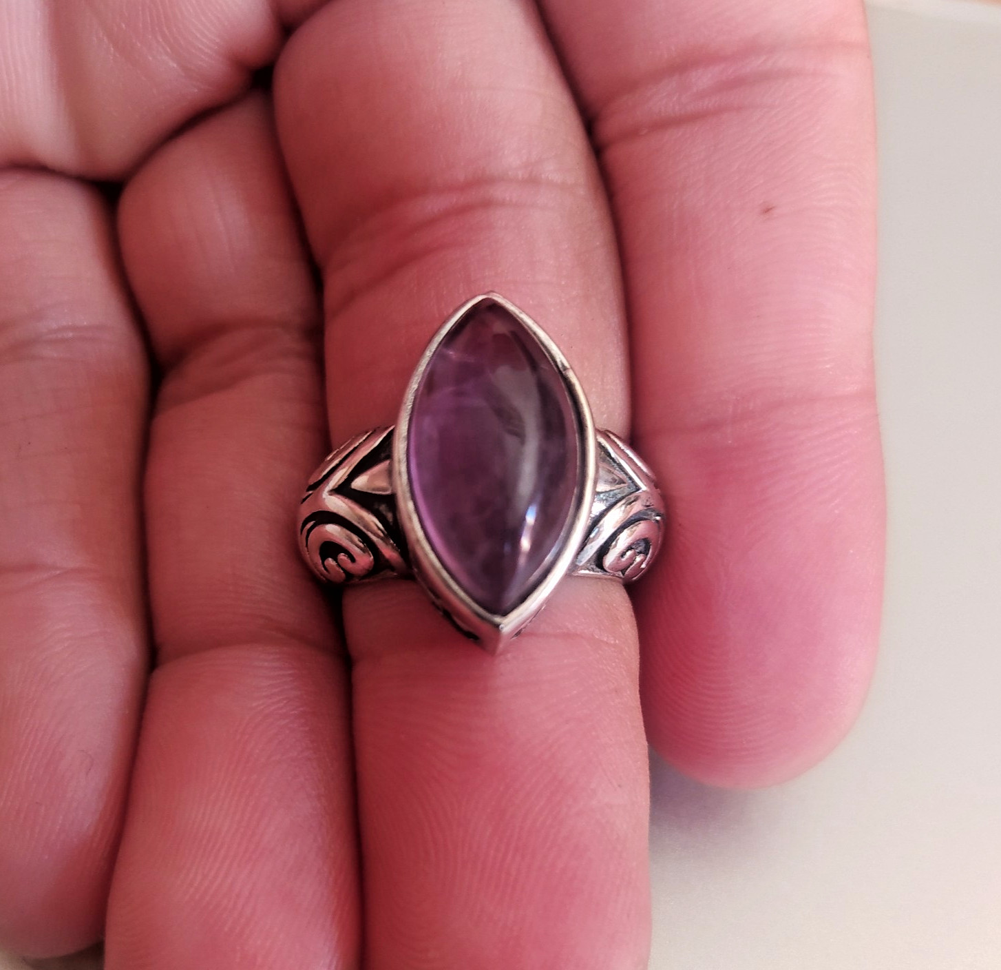 Ancient Vintage Victorian Sterling Silver Ring Natural Amethyst Stone Size 8