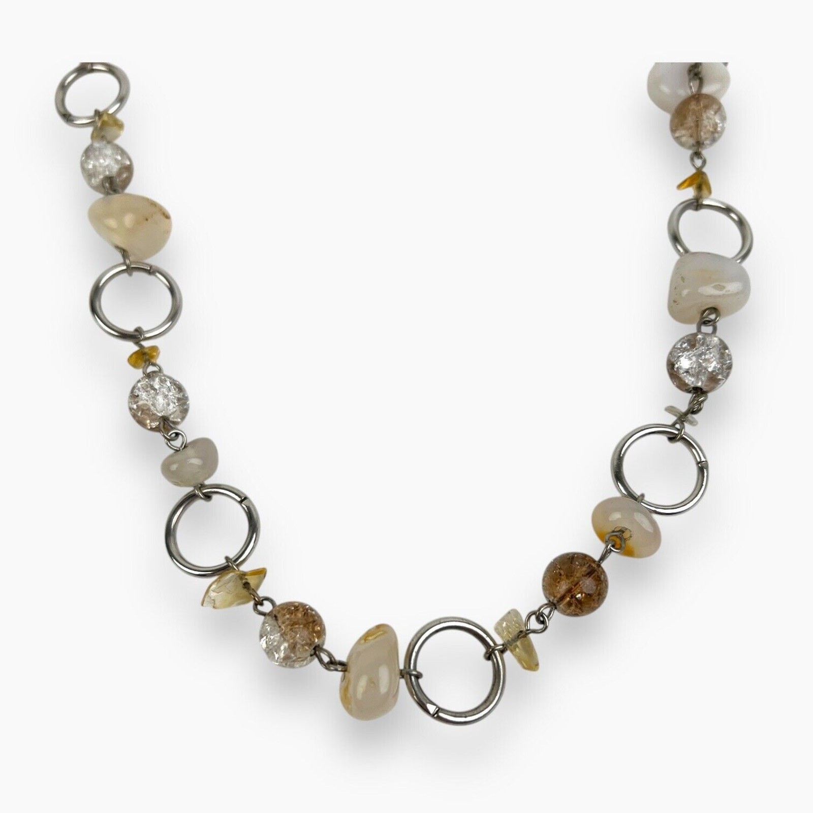 Cookie Lee Glass Beaded Necklace Natural White Brown Stone Silver Tone Vintage