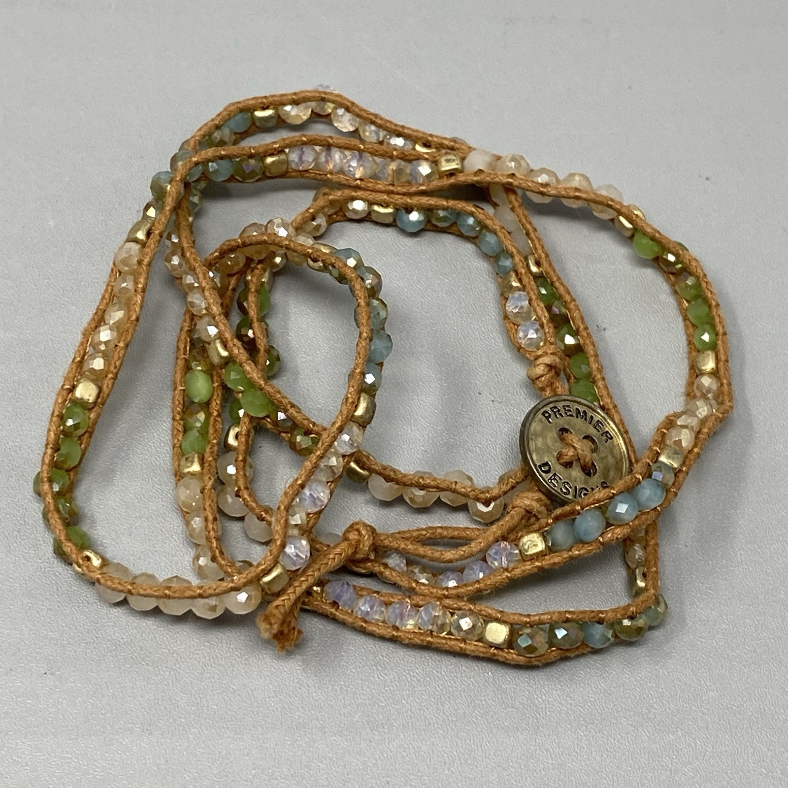 Premier Designs Wrap Brown Cord Bracelet Multicolor Glass Tension Beads Boho