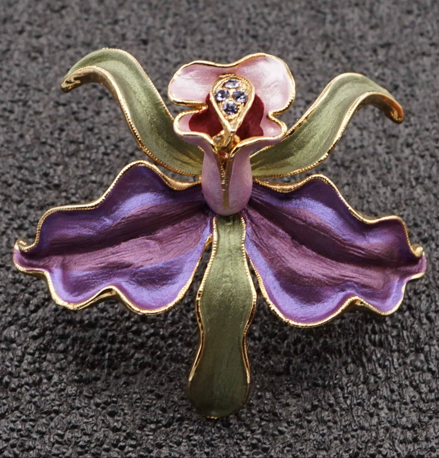 Vintage Gold Tone Enamel Leaf Purple Orchid Floral Brooch