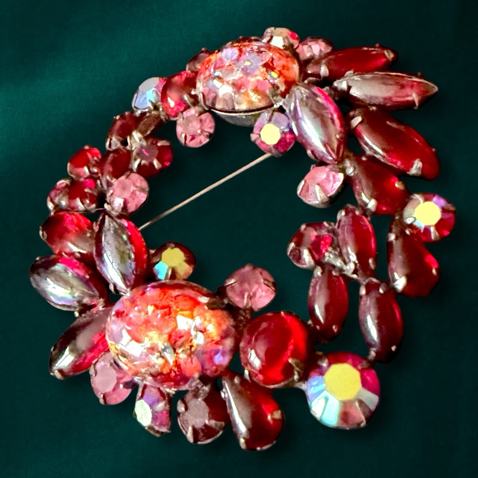 Red Rhinestone Brooch Large Art Glass Confetti Cabochon Vintage 3 Inch