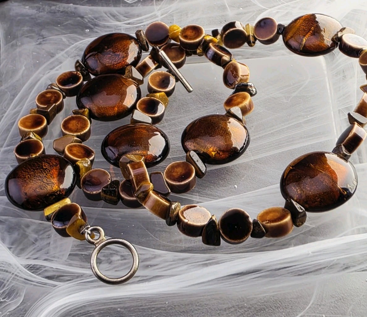 Vintage TIGER’S EYE Glass Goldstone Necklace Chunky BOHO Earthy Statement 21″