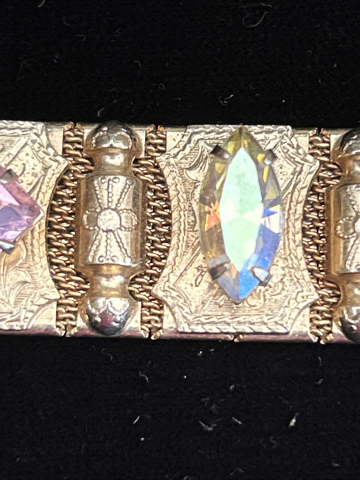 Vintage Mesh 7″ Bracelet Victorian Revival Station Stone Charms