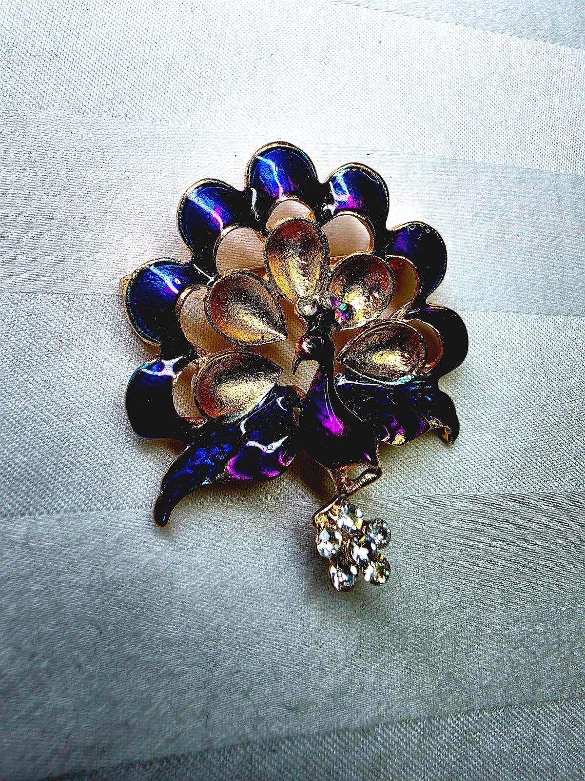 Vintage Gold Tone Peacock Brooch Purple Blue Enamel Rhinestone Estate Jewelry