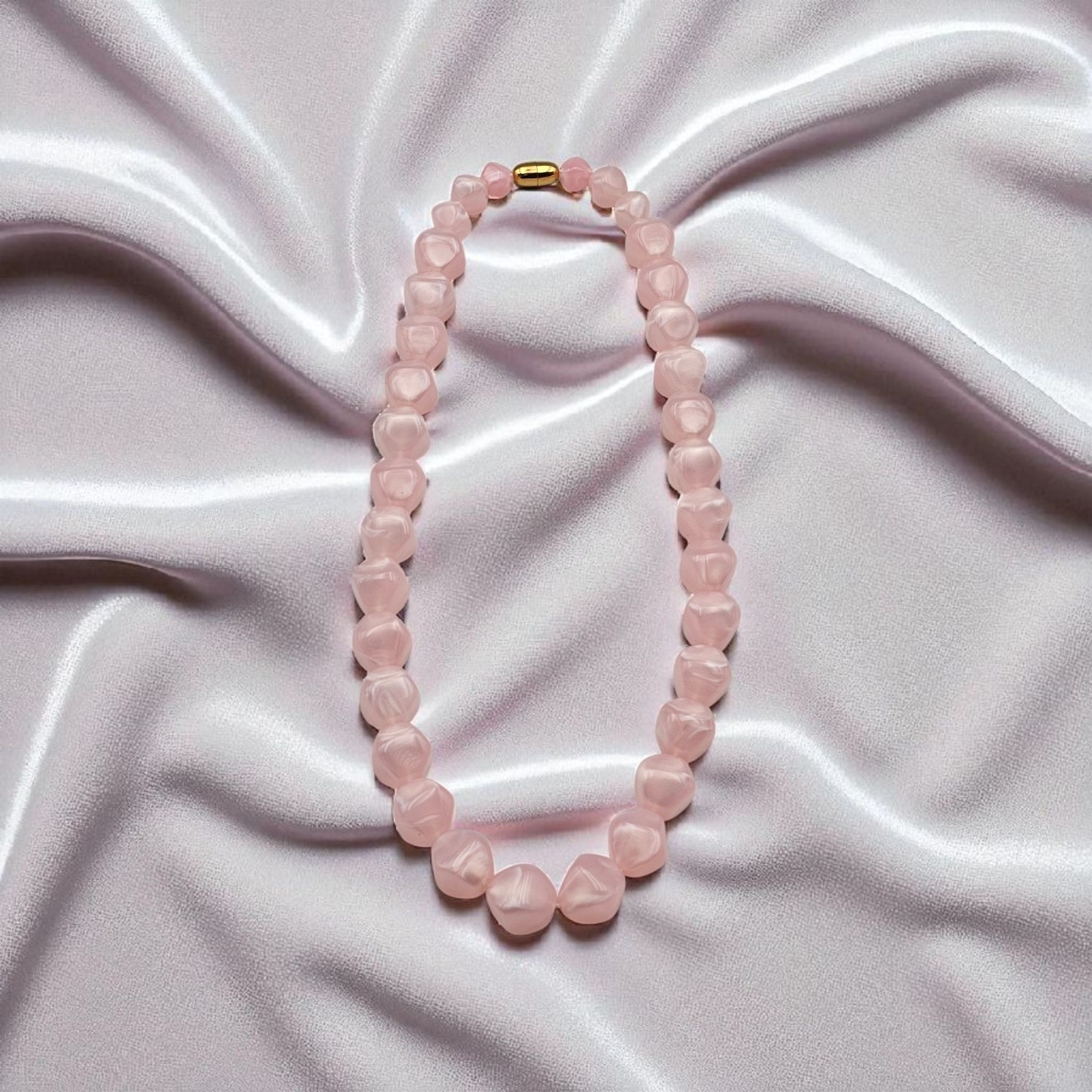 Vintage Pink Glass Necklace Diamond Shape Beads Gold Tone Screw Clasp 20 Inches