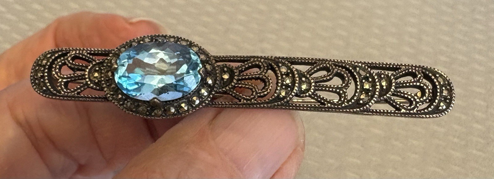 Judith Jack Sterling Silver Blue Topaz Marcasite Brooch Art Deco Revival Bar Pin
