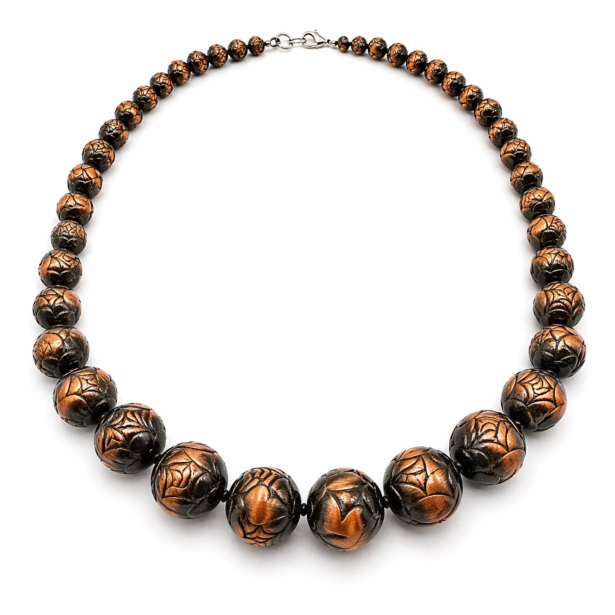 Vintage Brass Carved Bead Necklace Chunky Boho Statement Copper Tone 22″