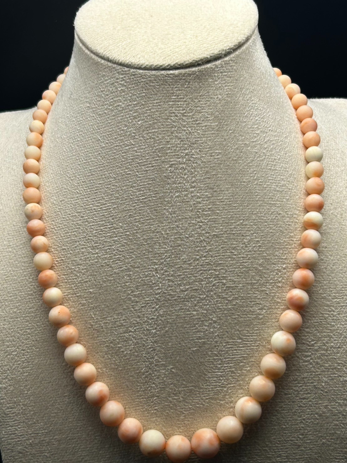 Japanese Pink Coral Bead Necklace Angel Skin Coral Graduated 10.6mm Silver Clasp