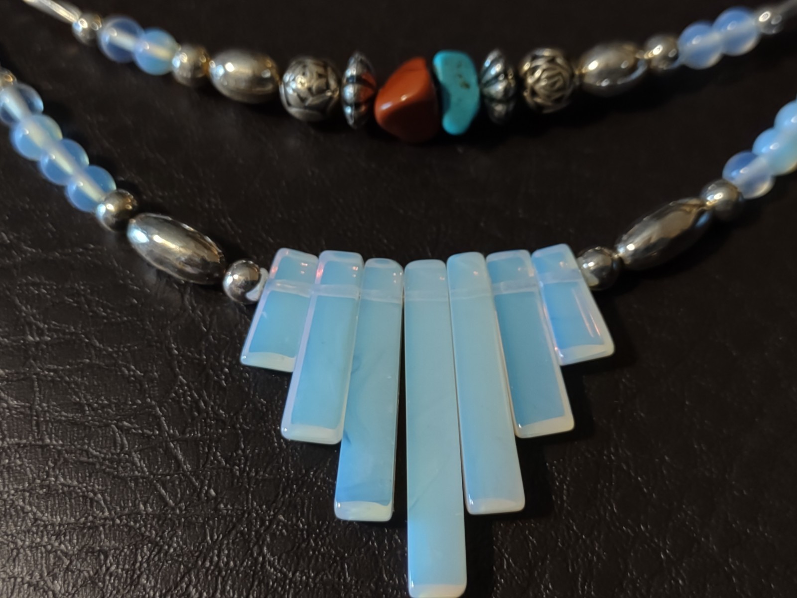 Fringe Moonstone Liquid Silver Layered Necklace Turquoise Coral Beads 18″