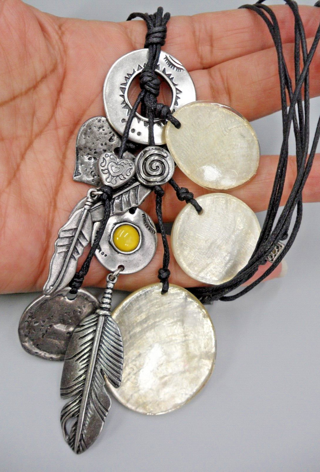Beaded Charm Tassel Pendant Necklace Faux Shell Heart Feather Tribal Station Vtg