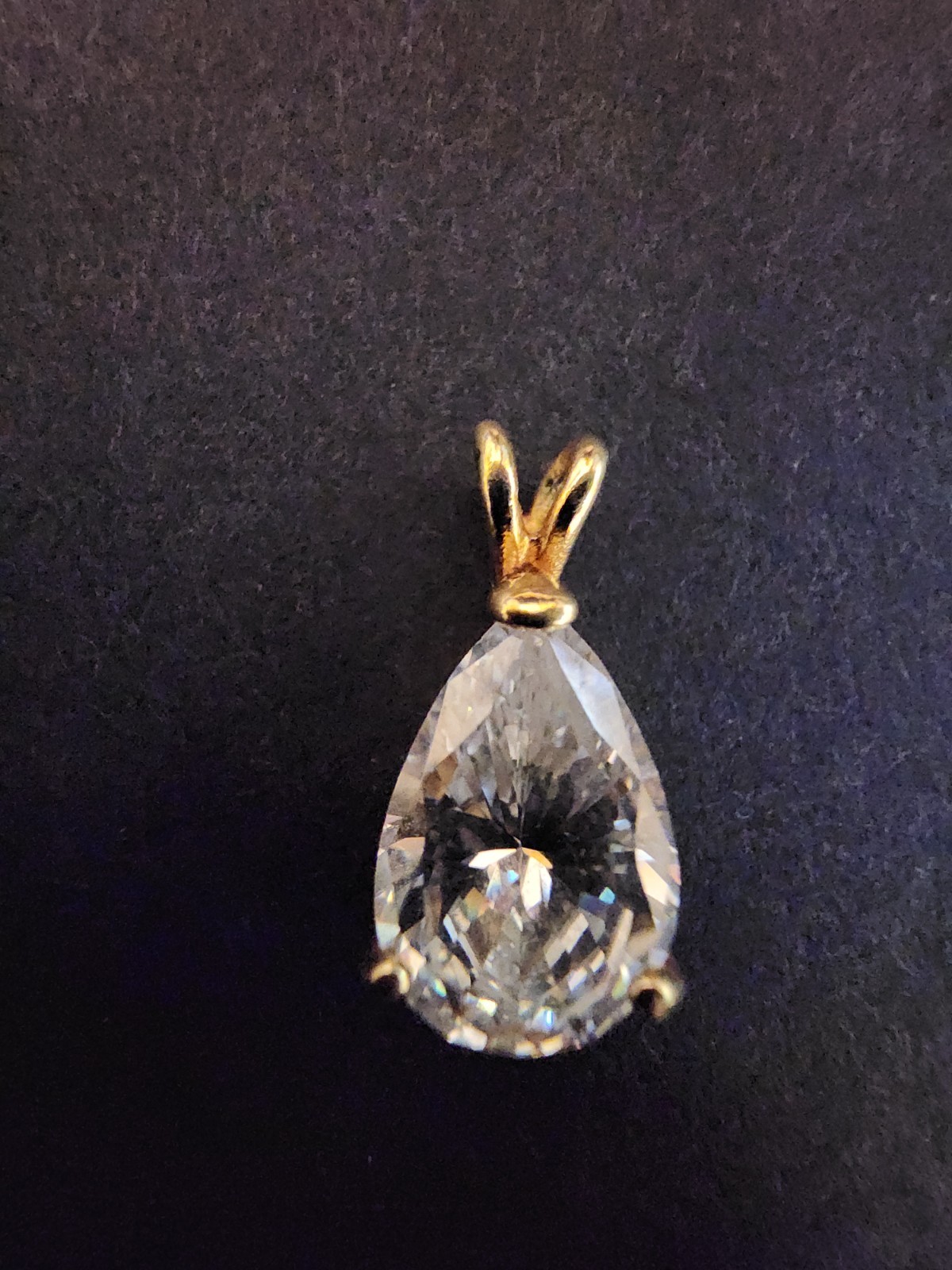 Vintage HGE Gold-Tone Pear-Cut CZ Clear Solitaire Pendant Rabbit-Ear Bail