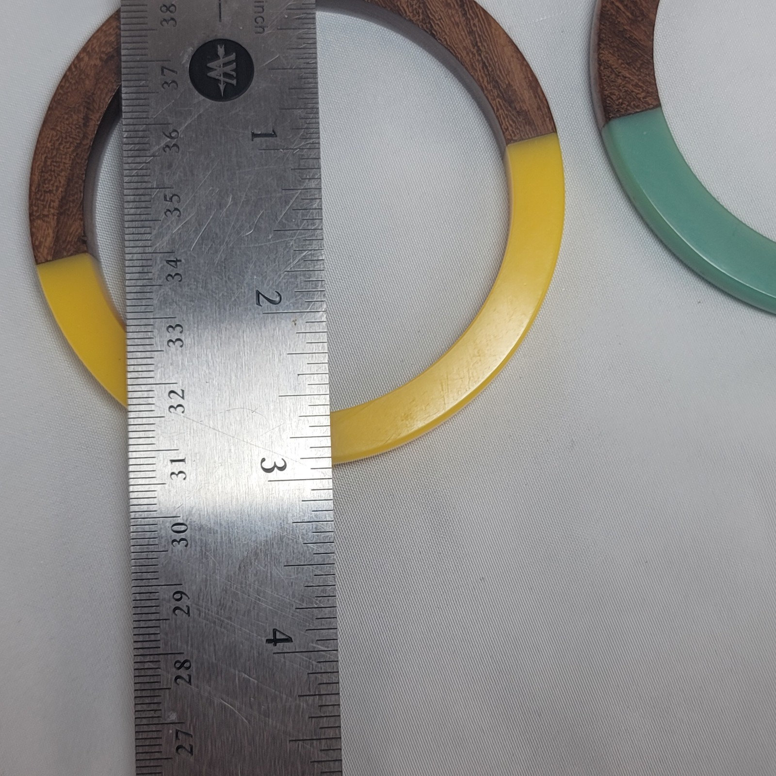 A Yellow and Green Lucite Resin & Wood Bangle Bracelet Set Modern Boho Jewelry