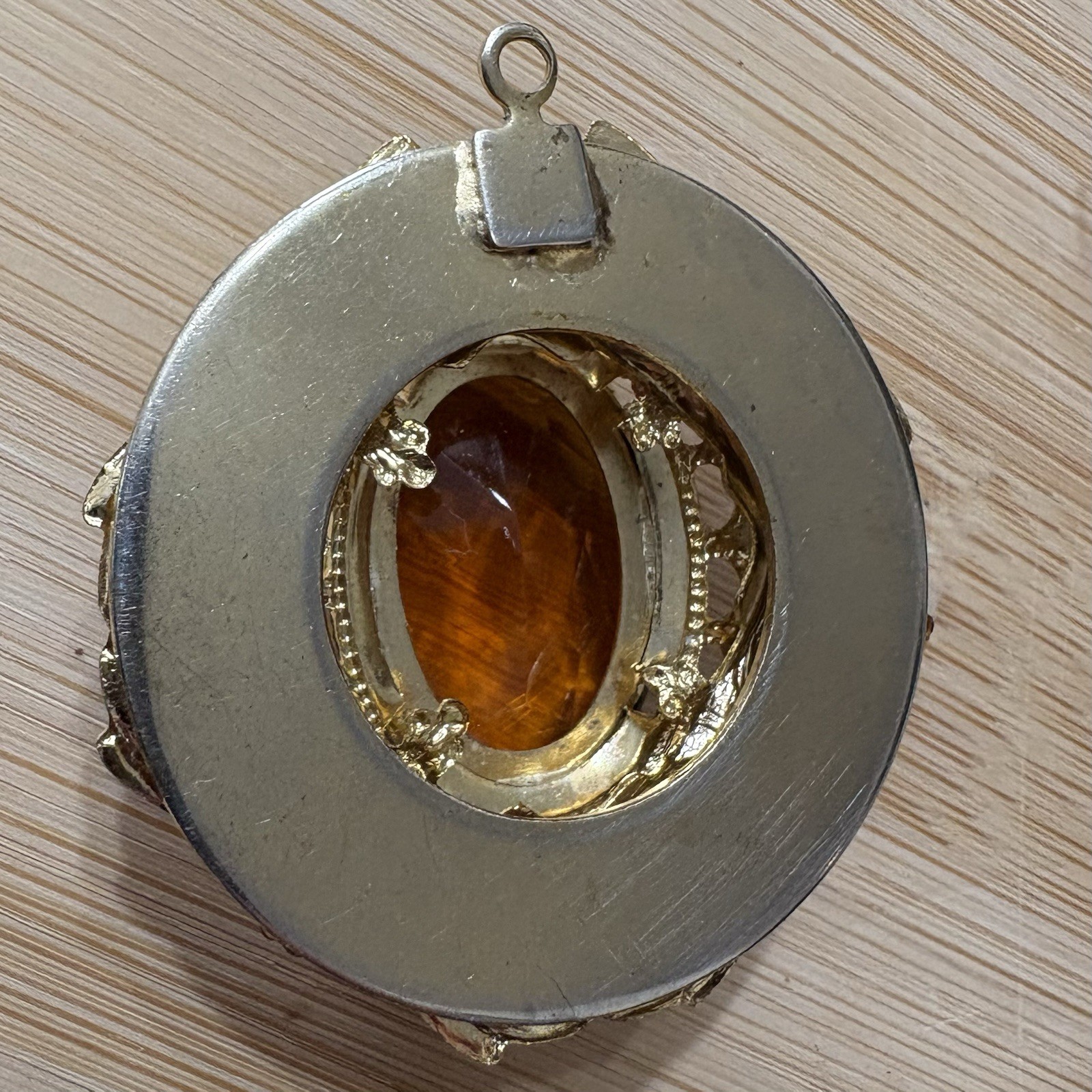 Vintage Victorian Revival Filigree Pendant Honey Amber Glass Gold Tone Ornate