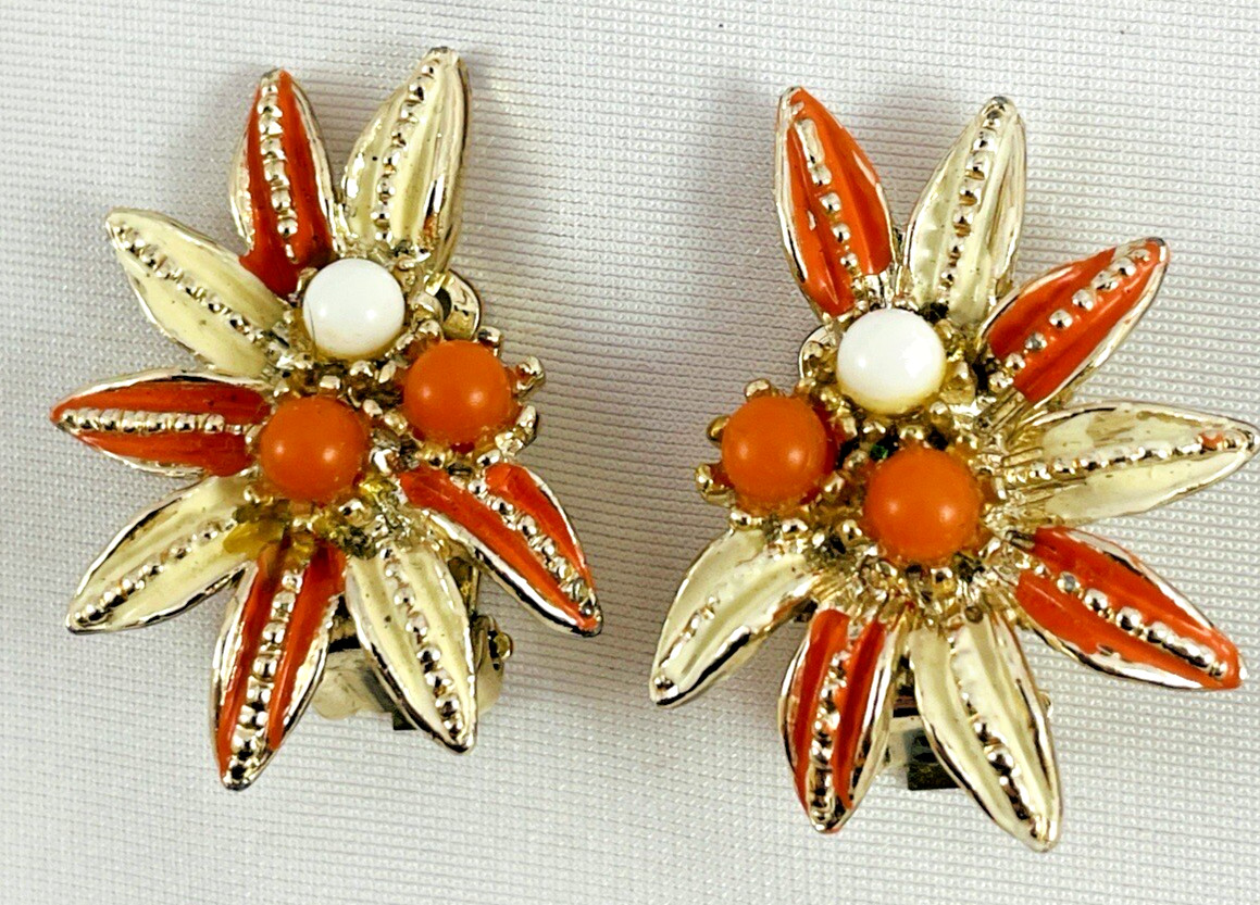 Vtg PAKULA Earrings Orange Cream Floral Burst Enamel Gold Tone Clip