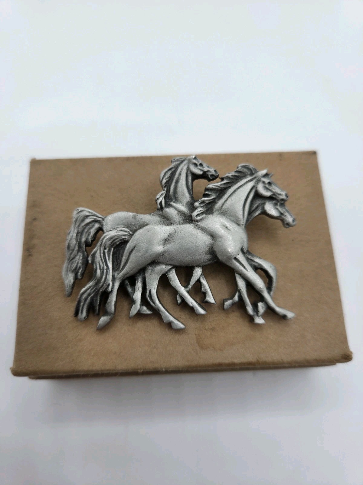 Vintage Signed Fort USA Pewter Triple Running Horse Brooch W/Box