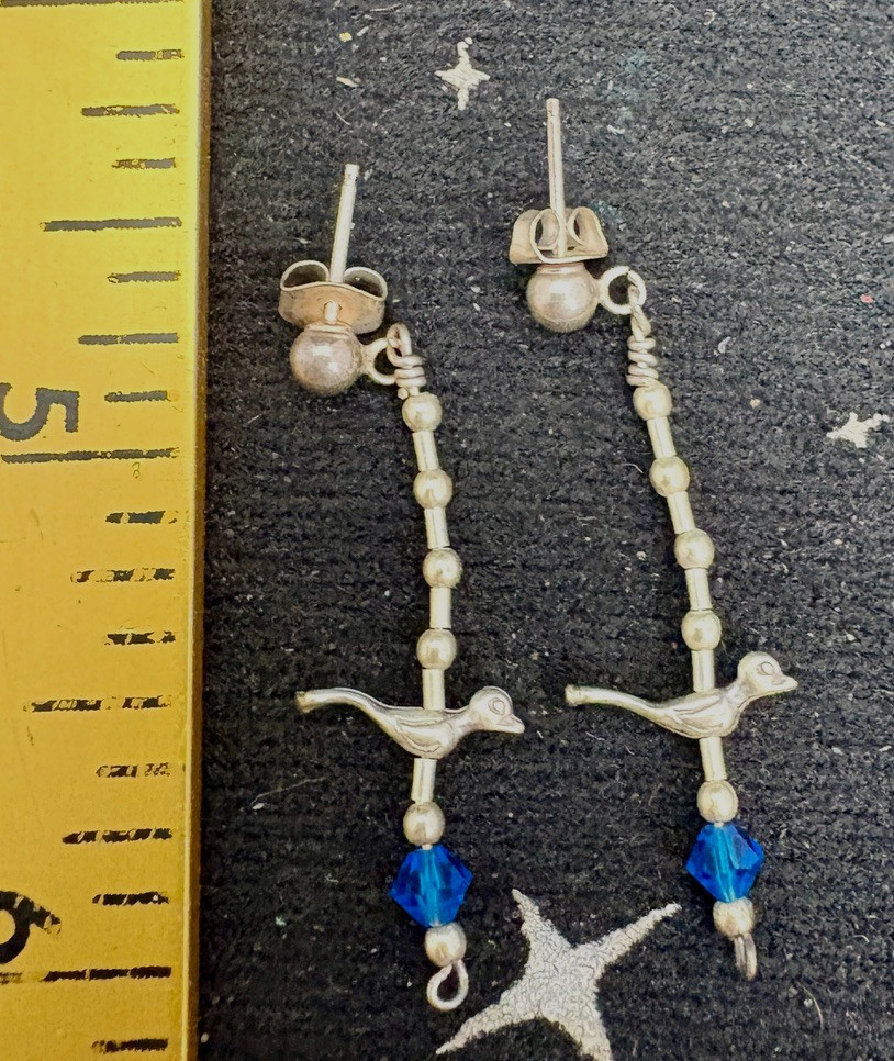 VTG Sterling Silver Earrings Dangle w/A Bird Charm & Blue Crystal Post 1.5″ 1.8G