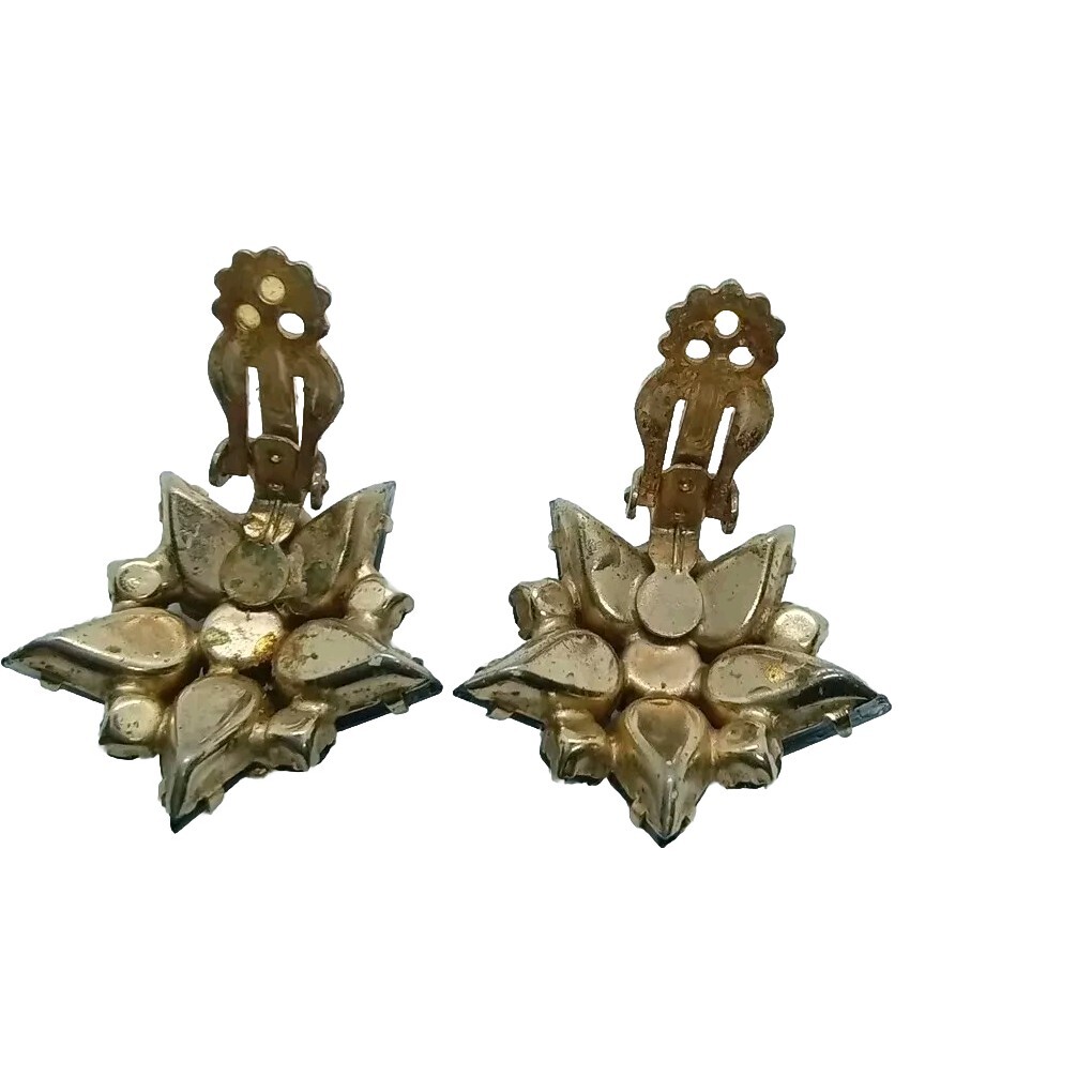 Vtg Sapphire/Emerald Crystal Rhinestone GoldTone Estate Star ClipOn Earrings #51