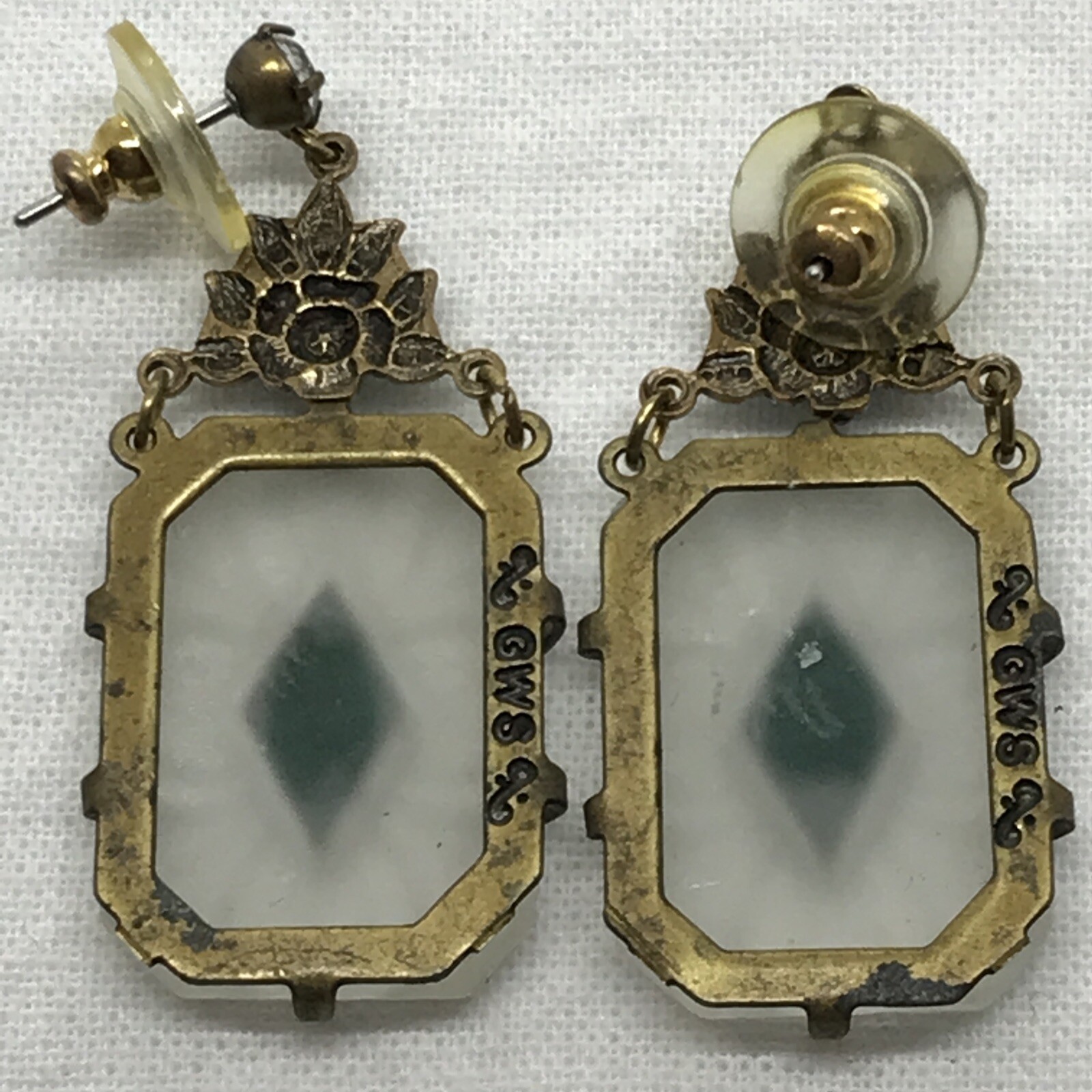 Vintage Glass Works Studio Carved Matte Glass, Crystal Acc & Brass tone Earrings
