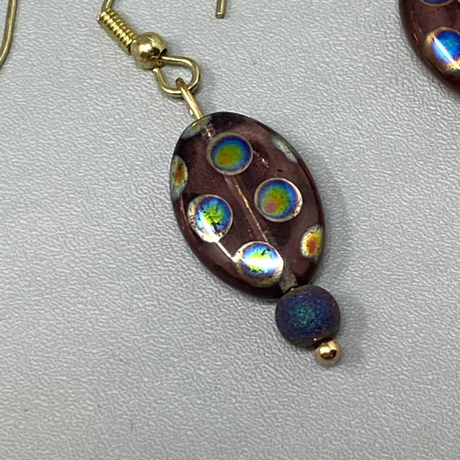 Purple Glass Bead Earrings Dangle Drop Pierced Peacock Iridescent Spotted Hook
